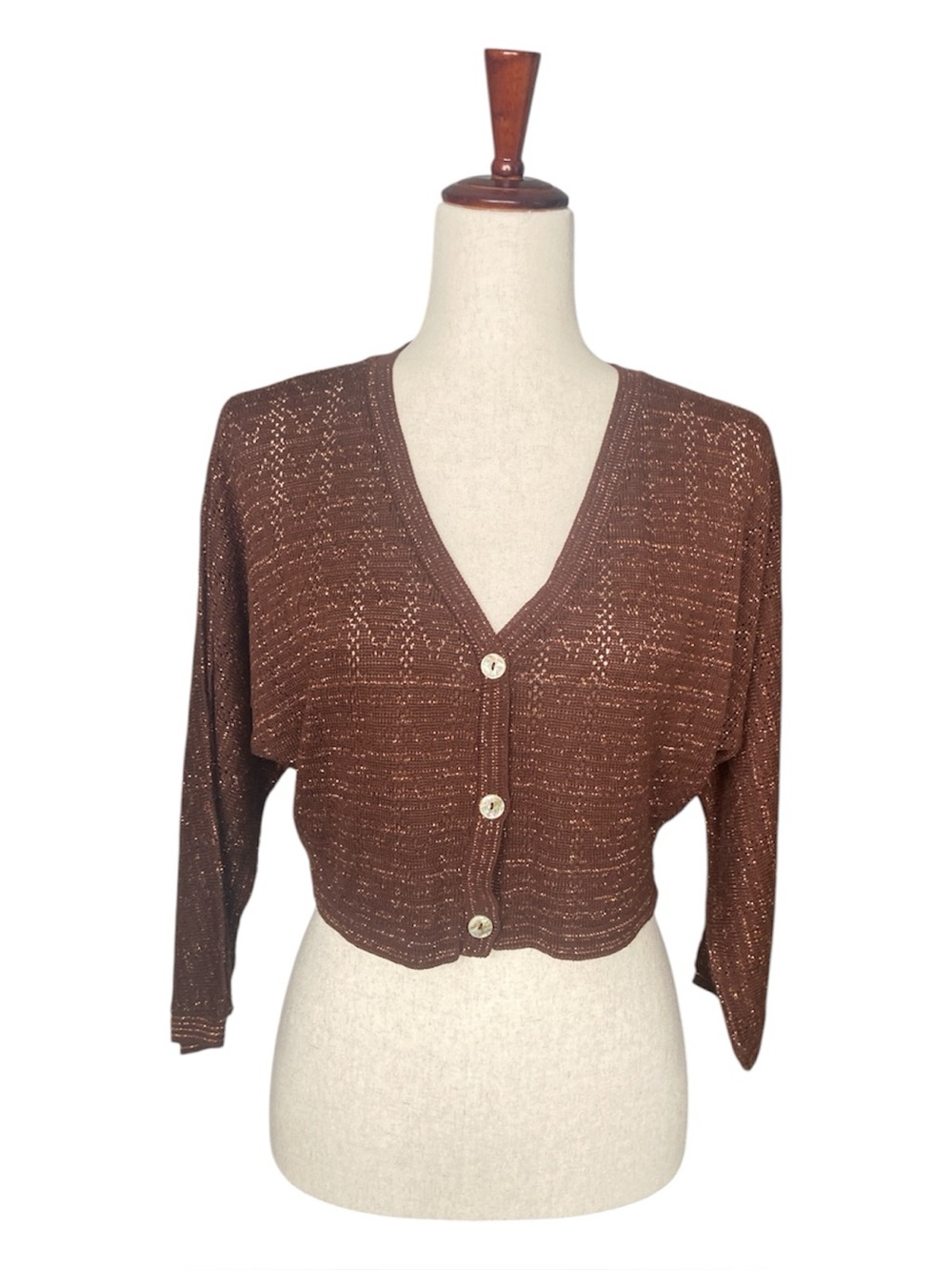 KIKIT Copper Pointelle Knit Croppe Sweater V-Neck Button Front Dolman Sleeve EUC